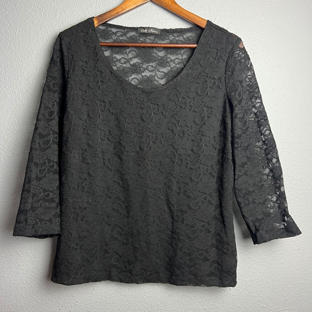 Only Nine Black Lace Top Whimsigoth Fairy 3/4 Sleeve V Neck Lined Elegant Blouse
